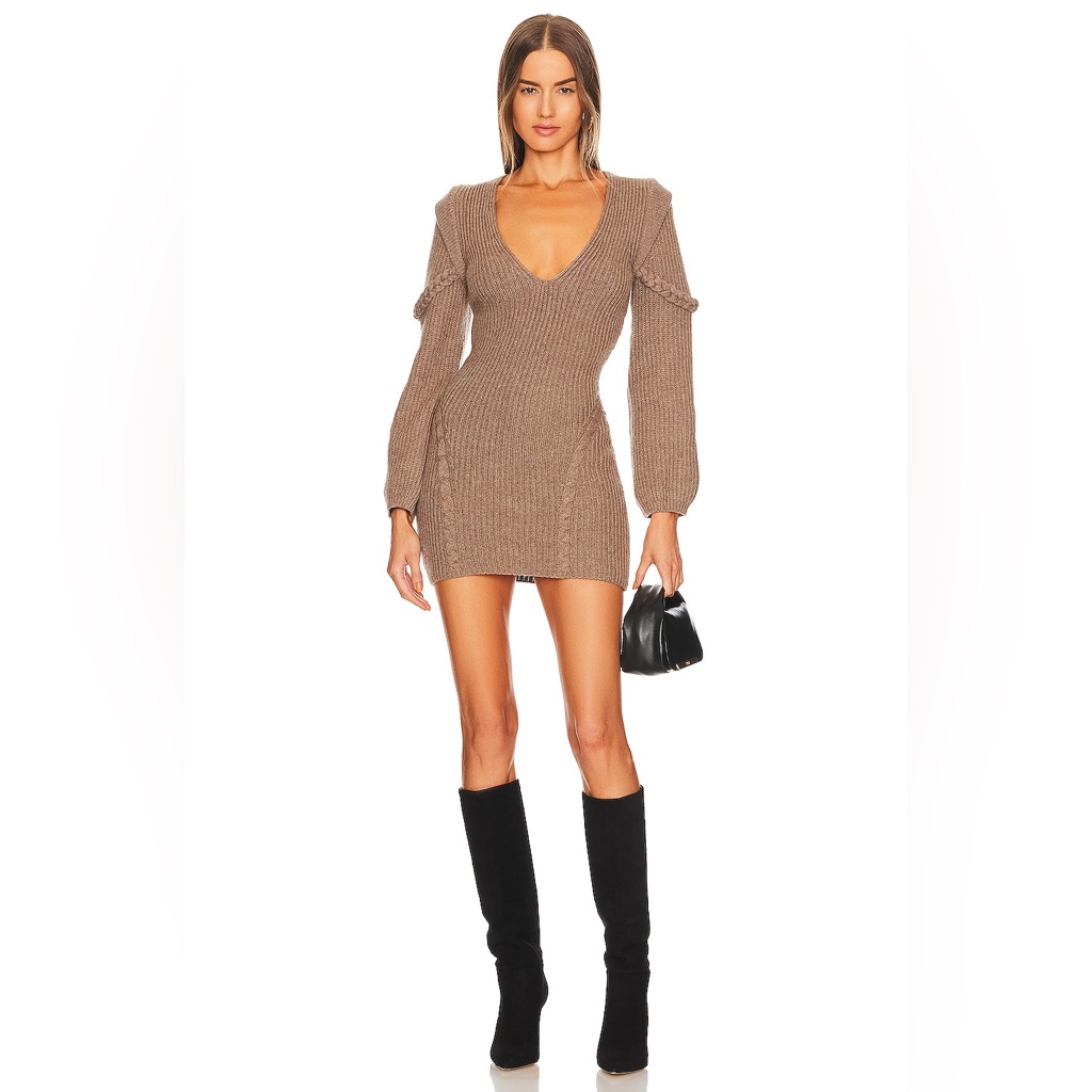 Michael Costello X Revolve Malina Deep V Neck Knit Dress In Taupe